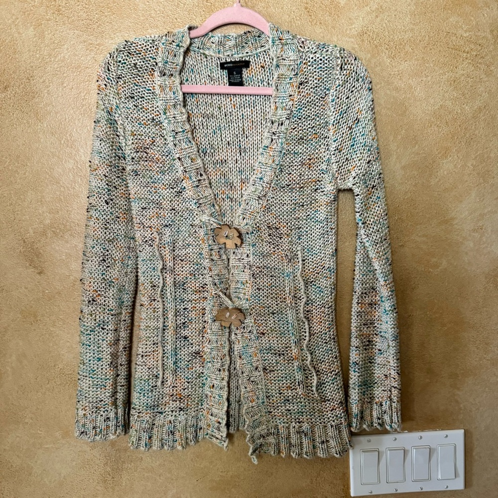 BCBGMaxAzria multi-Color Ruffle Beige Flower Button Boho Sweater Cardigan Sz S